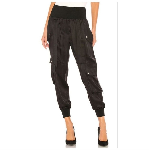 Cinq a Sept Harmony Satin Cargo Jogger Pant Black Women’s Sz Medium NWT - Picture 1 of 16
